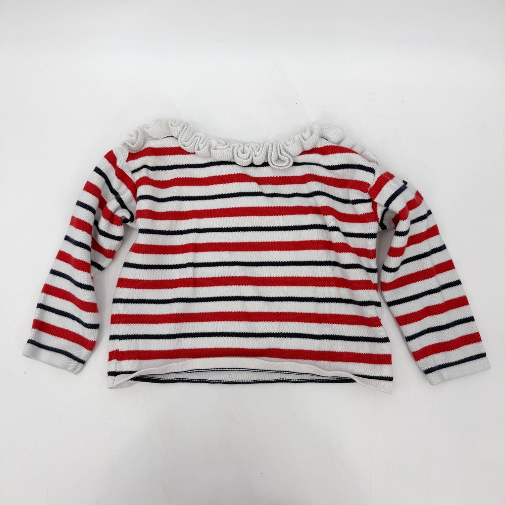Janie and Jack Girls Red Navy Blue White Striped Ruffle Neck Sweater Size 3